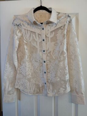 Shyanne Lace Western Snap Shirt Cream Sheer Turquoise Snaps NWOT